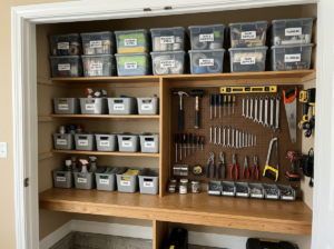 Labeled storage bins and pegboard with assorted hand tools in a home workshop